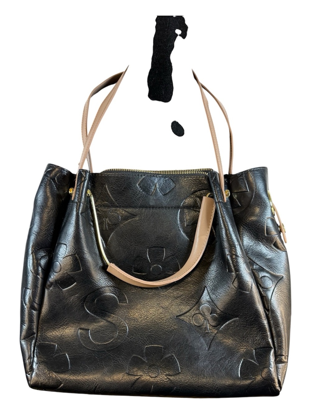 Black Monogram Embossed Faux Leather Tote Shoulder Bag Large Everyday Chic Purse - Picture 2 of 8